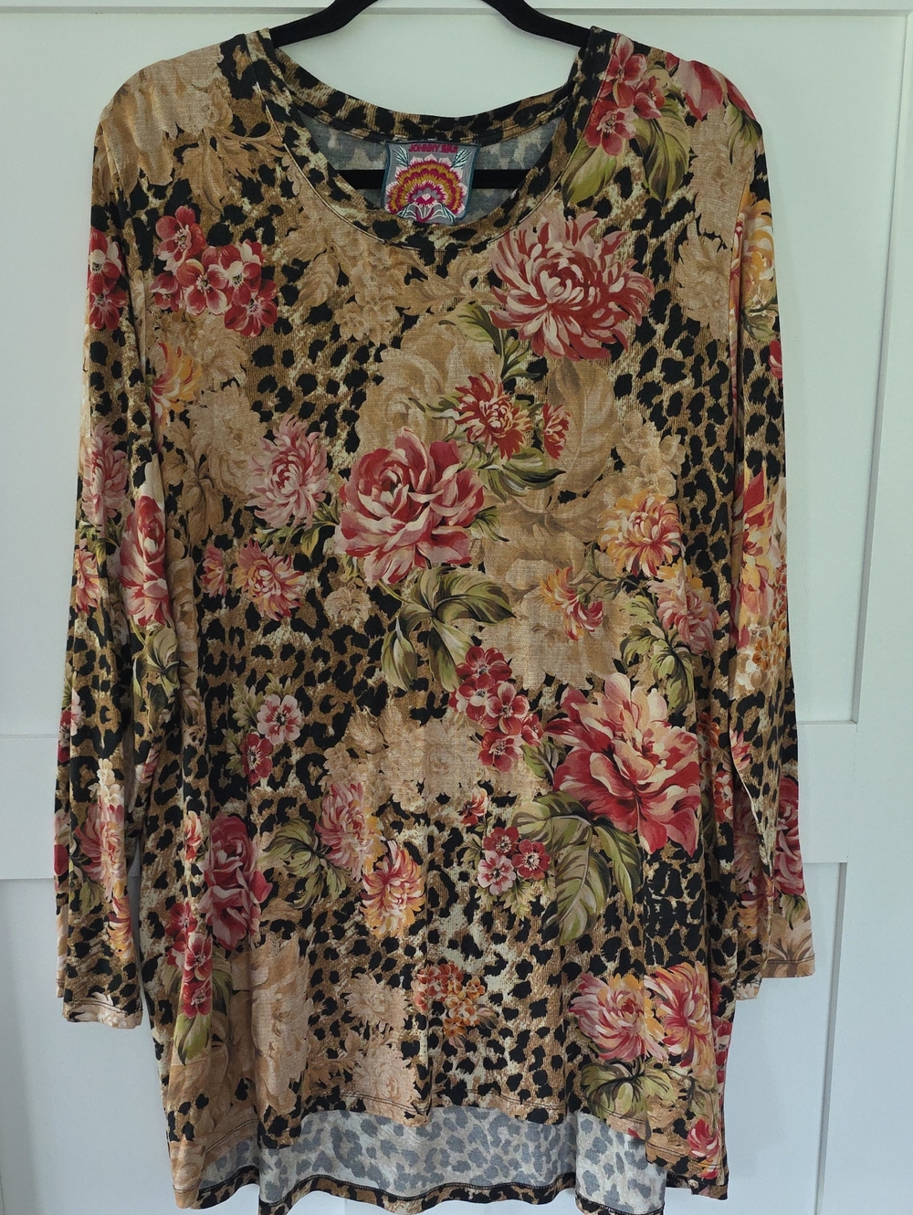 Johnny Was Floral Leopard Print Long Sleeve Tunic - Beige and Pink XXL
